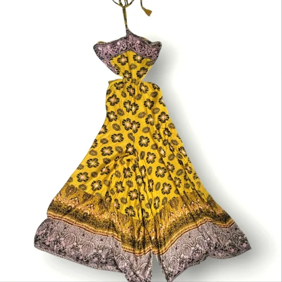 Free People Maribelle Cut-Out Jumpsuit Size Medium Yellow Bohemian Paisley - Picture 2 of 12